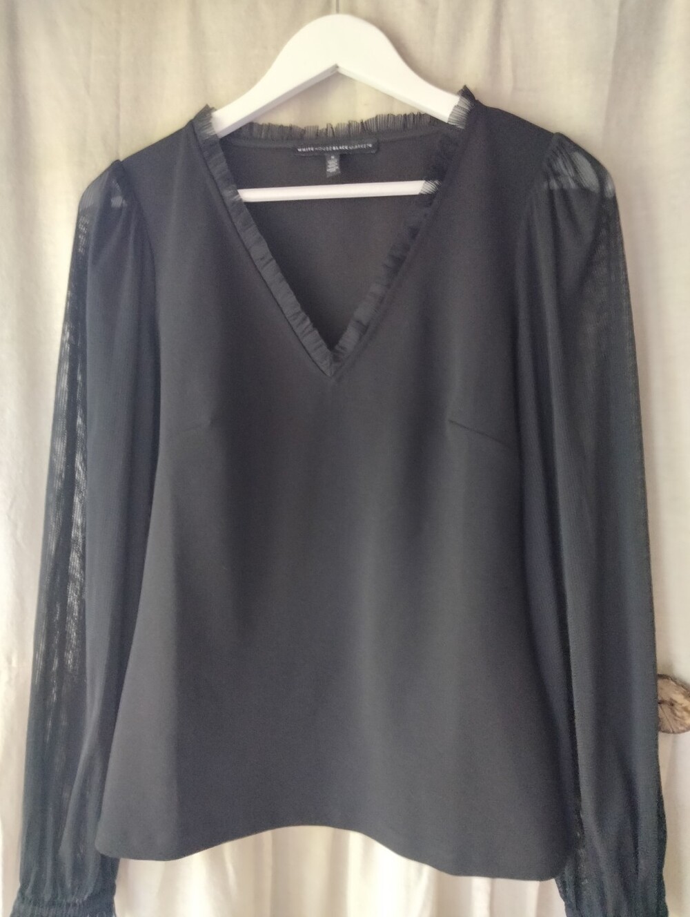 Elegant Black V-Neck Blouse with Sheer Sleeves